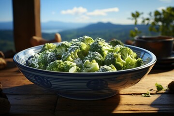Broccoli dish on a blue wooden table, generative IA