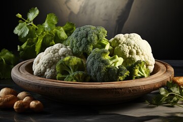 Wood plate with fresh green broccoli and cauliflower on the surface of the stone, generative IA