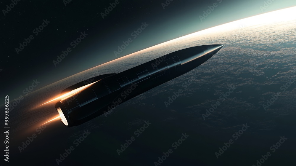 Poster a sleek rocket ascends into the vastness of space, leaving behind bright flames. the curvature of ea