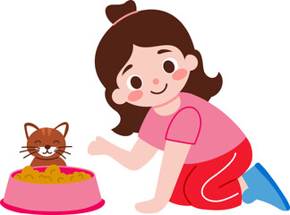 Illustration of a girl feeding her pet cat