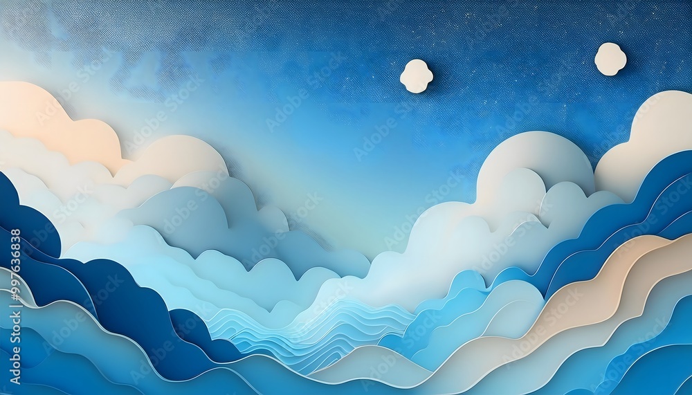 Poster the sky background is filled with pastel fluffy clouds in a paper layer format.