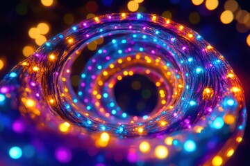 Colorful lights twinkle in a dynamic spiral formation, casting a magical atmosphere perfect for any holiday celebration. Generative AI