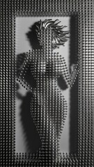Fototapeta premium monochromatic digital art piece of a woman's figure is skillfully created using thousands of shiny, silver-colored metallic pins hat form a 3D silhouette within a rectangular frame.