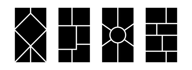 Image collage layout template set. Black mosaic mood board grid collection. Picture composition arrangement. Photo album or memory wall idea for banner, poster, mockup, flyer, brochure. Vector