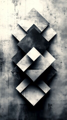 A series of black and white squares are arranged in a row. The squares are all different sizes and are placed in a way that creates a sense of depth and dimension. Scene is one of simplicity