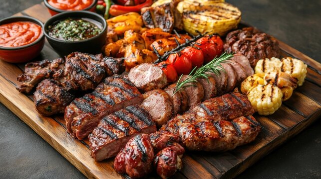 Sizzling Grilled Meat Platter with Varied Veggies on Wooden Board - Perfect BBQ Feast for Sharing