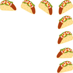 Tacos with fresh salad and sauces. Top corner frame border. Taco Day greeting template. Copy space