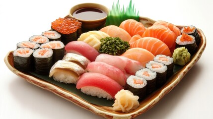 Traditional Sushi Platter with Nigiri and Sashimi, Garnished with Ginger, Wasabi, and Soy Sauce
