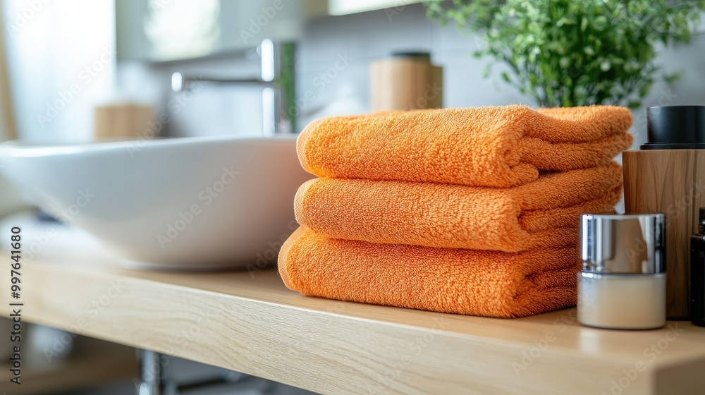 Poster a clean stack of orange towels folded on a bathroom shelf, adding a pop of color and freshness to th