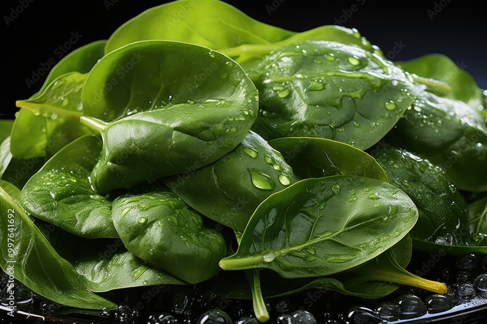 Wall mural baby fresh spinach leaves in water drops on a plate on a black background. veget, generative ia