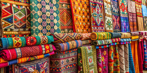Block-printed textiles in traditional colors and patterns displayed at a vibrant market, block printed, textiles