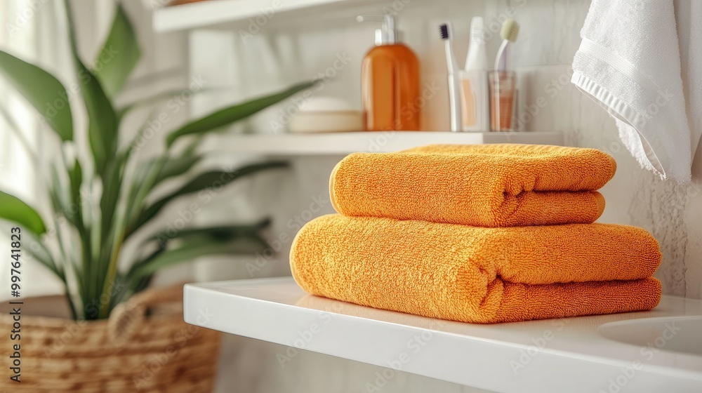 Poster a clean stack of orange towels folded on a bathroom shelf, adding a pop of color and freshness to th