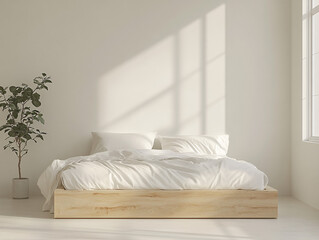 minimalist bedroom interior with white bed and natural light