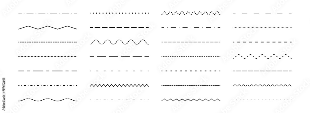 Aufkleber Dashed straight, wavy and zig zag line set. Dotted dividers or separators design element collection. Broken stroke pack for underline, emphasis, highlight. Repeated dash zigzag lines bundle. Vector