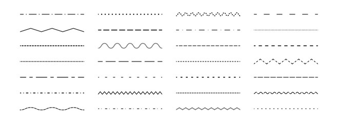 Dashed straight, wavy and zig zag line set. Dotted dividers or separators design element collection. Broken stroke pack for underline, emphasis, highlight. Repeated dash zigzag lines bundle. Vector