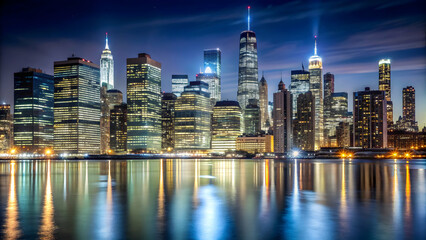 Night view of New York City skyscrapers lit up with city lights reflecting off the buildings, urban, cityscape