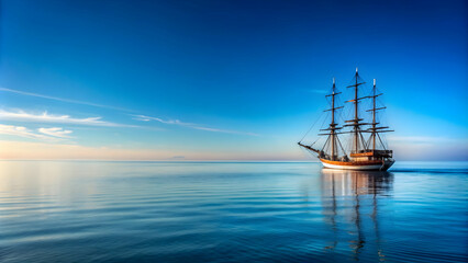 Ship sailing on calm sea with clear blue sky in the background, ship, sailboat, ocean, sea, water, horizon