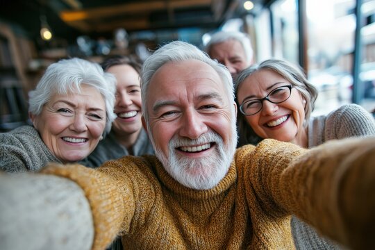Happy mature gray hair man taking selfie of group seniors Caucasian cheerful friends posing together sitting at cafeteria