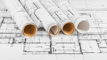 Rolled architectural blueprints on detailed building plans layout