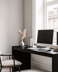 minimalist home office desk with black desk and white chair near window