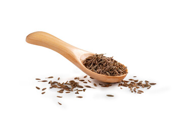 Dried cumin seeds in a wooden spoon on a white background. A coo