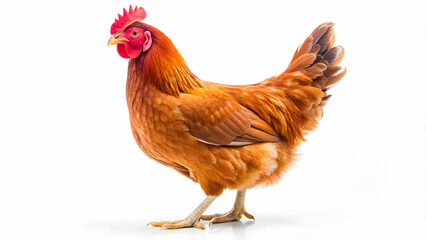 Red adult hen standing isolated on white background, hen, chicken, poultry, farm animal, red feathers, isolated, white background