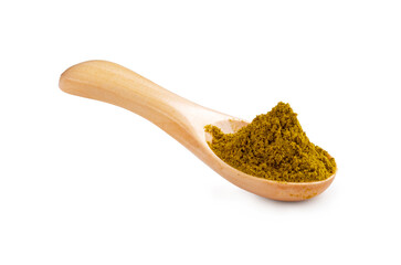 Dried seasoning hop-suneli in a wooden spoon on a white backgrou