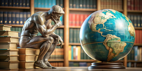 A stock photo of a statue of The Thinker inspiring young minds with books and a globe nearby, philosophy
