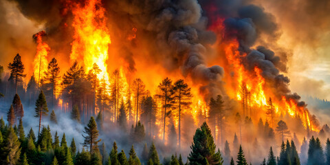 A raging wildfire spreading through a forest, wildfire, disaster, burning, flames, inferno, environment, destruction, heat