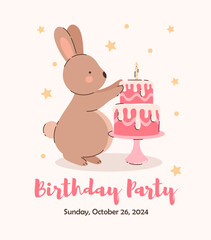Birthday invitation card with a picture of a rabbit and a cake. Flat vector illustration.