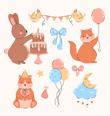 Set of birthday elements. A bunny with a cake, balloons, a cat with a gift, a bow, birds. Flat vector illustration.