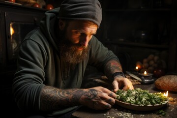 Tattooed hands of brutal man cut healthy spinach, homemade rustic bread with vin, generative IA