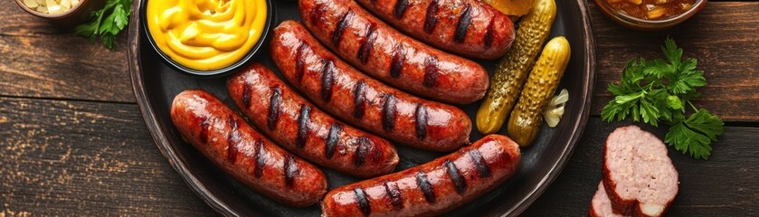 Sizzling Platter of Grilled Sausages with Mustard and Pickles - Tempting Pub Food Delight