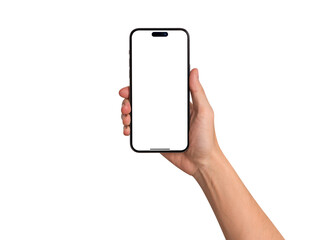 Hand showing smartphone with blank screen isolated on white background. Concept for business finance, Technology concept, Product advertising concept and Marketing concept. High quality image for you.