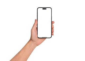 Hand showing smartphone with blank screen isolated on white background. Concept for business finance, Technology concept, Product advertising concept and Marketing concept. High quality image for you.