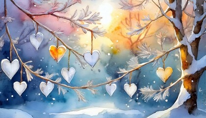 ハート、冬、雪、水彩、手描き、枝、夕焼け、ロマンチック、ファンタジー、自然、暖かい光、雪景色、幻想的、カラフル、アート