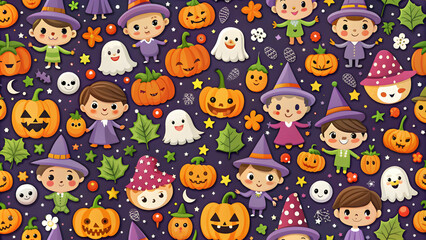 Naklejka premium Halloween seamless children pattern background with cute and spooky elements, Halloween, seamless, children, pattern, background