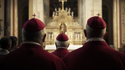 A significant moment captured inside a grand church, where several bishops are gathered in reverence, attentively looking at the Pope. This scene reflects the essence of faith, leadership