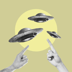 Hand, Pointing, UFO, Cosmos Science, UFO, UFO, Meme, Composite Image, Art, Fantasy, Surrealism,...