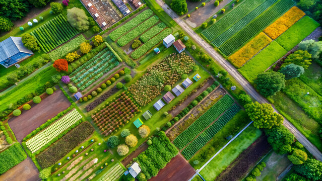 Aerial drone view of vibrant polyculture and permaculture fields, diverse crops, agriculture, sustainable