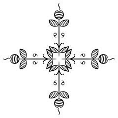 Square geometrical floral cross shape design with four stylized flowers. Folk style. Black and white silhouette.