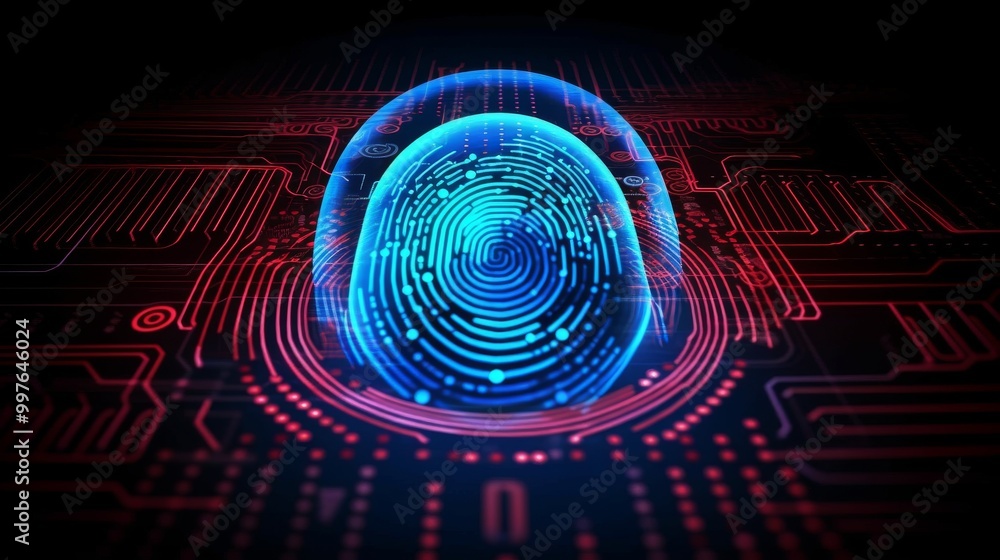 Poster a blue and red image of a fingerprint on a circuit board