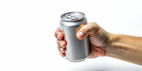Hand holding a clean soda can against white background for mockup, soda, can, drink, aluminum, beverage, refreshing, cold