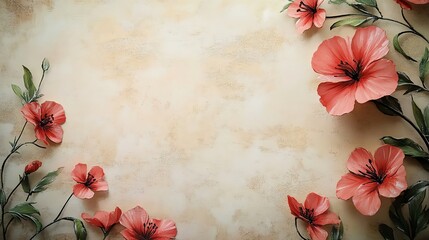 Pink flowers arranged in a frame on a cream background with copy space.