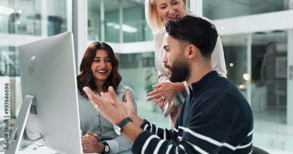 Poster Computer, team and business people in office with celebration, solution and problem solving with skills. Collaboration, ceo and software developers for bug fixing, system update and hands for success