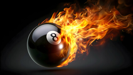 Burning black eight billiard ball on fire with flame tail on dark background