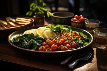 A plate of food with different dishes, including chickpeas, spinach and spinach, generative IA