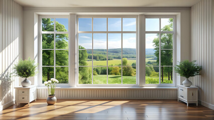 Contemporary classic white interior with summer landscape view in window, Scandinavian design, contemporary, classic, white