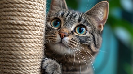 A curious cat gazes up, exploring its surroundings.