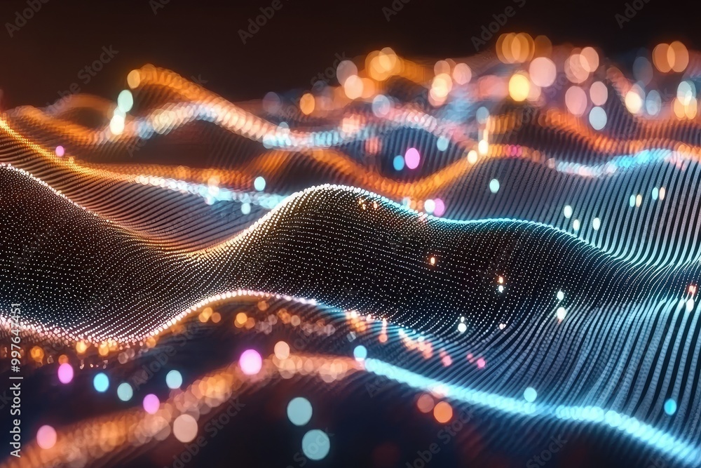 Aufkleber vibrant abstract waves with glowing lights creating a dynamic and colorful digital landscape for bac